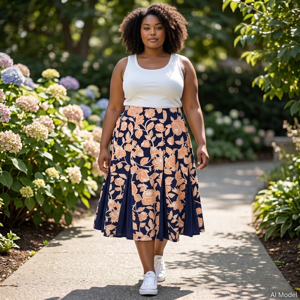 EST. 1946 Midi Skirt Women 14/16W Navy Peach Floral Flared Godet Plus Sportswear